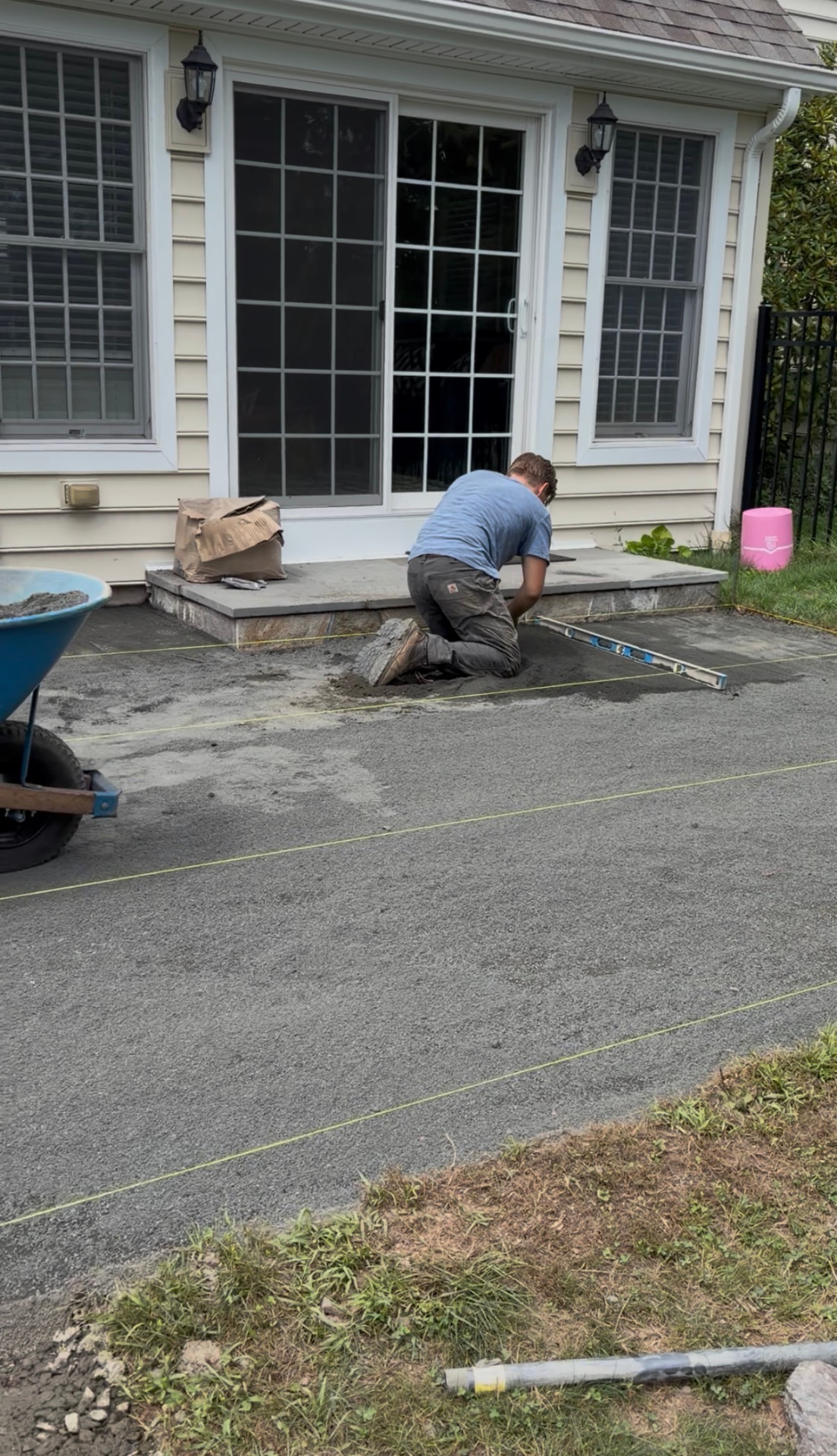 Setting stone steps at a new walkway installation