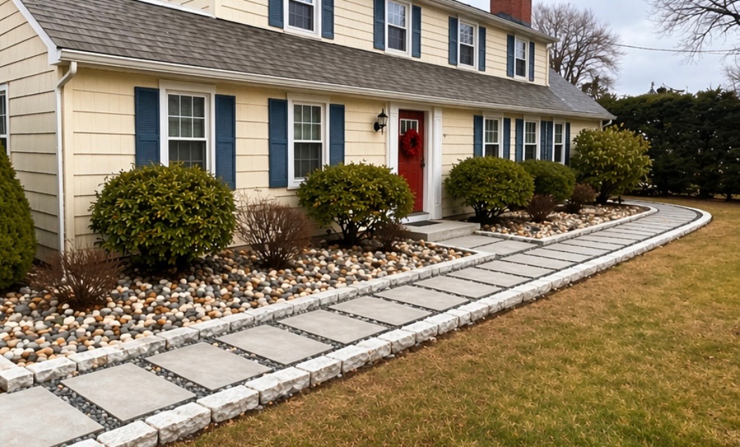 Paver walkway with river rock bed